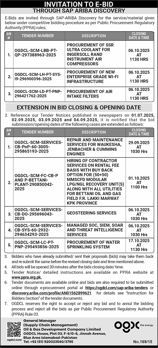 Oil & Gas Development Company Limited Islamabad Tender Notice